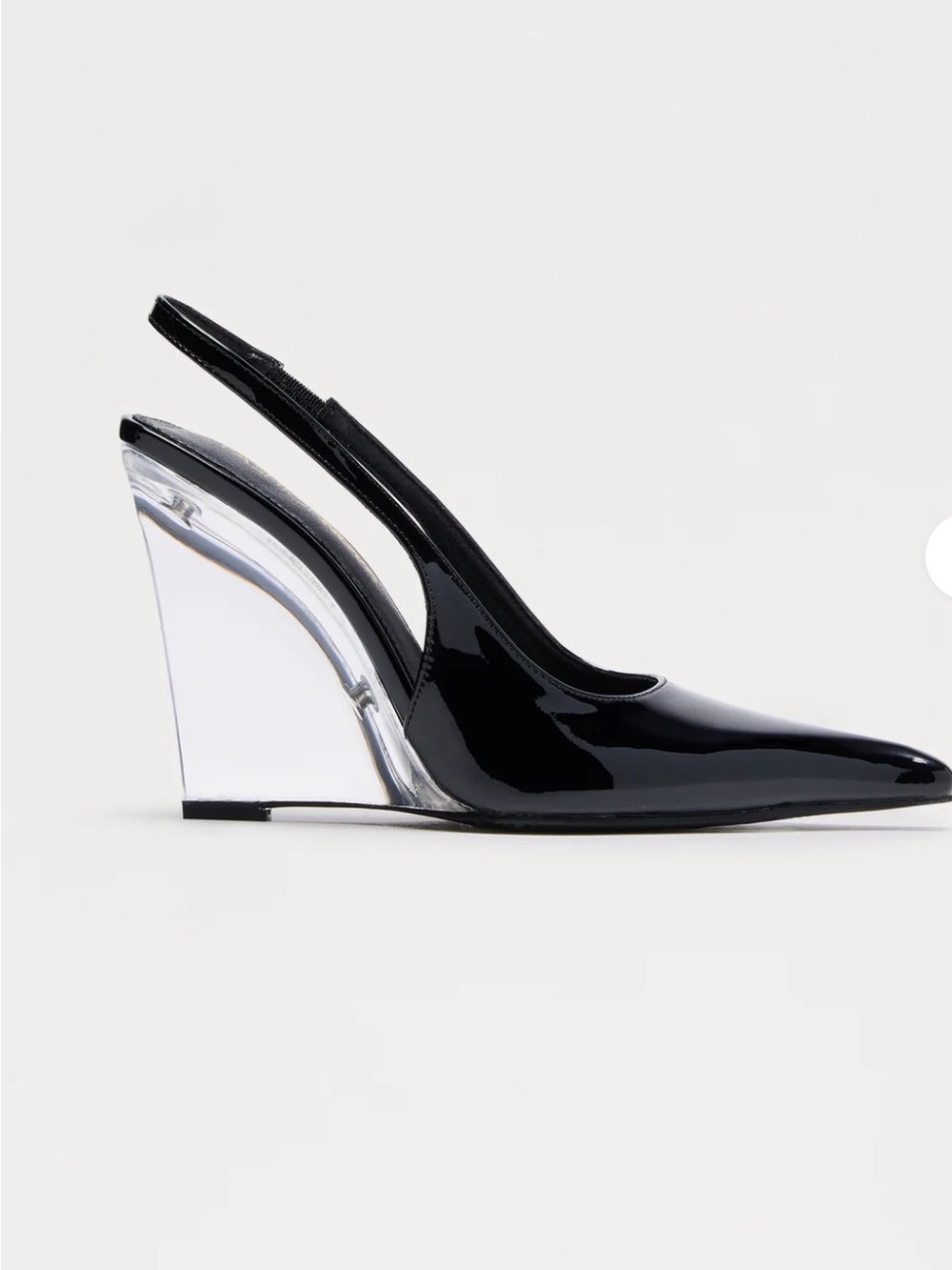 Black Patent Slingback Wedge Pump with Clear Heel